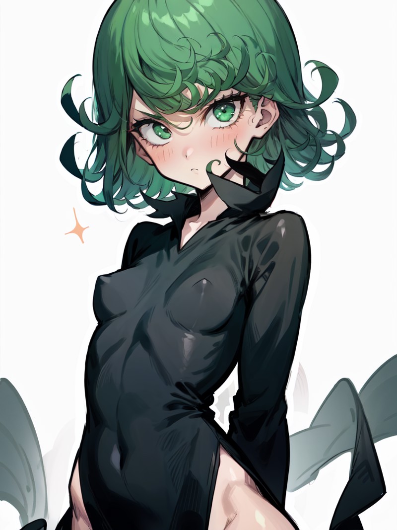 1girl, solo, tatsumaki, short hair, looking at viewer, black dress, small breasts, thick thighs, simple background, <lora:...